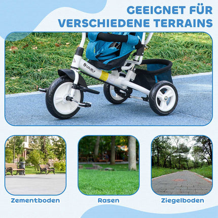 Bērnu trīsritenis, bērnu velosipēds, grozs aizmugurē, krūzīšu turētājs, saules aizsargs, metāla, zils