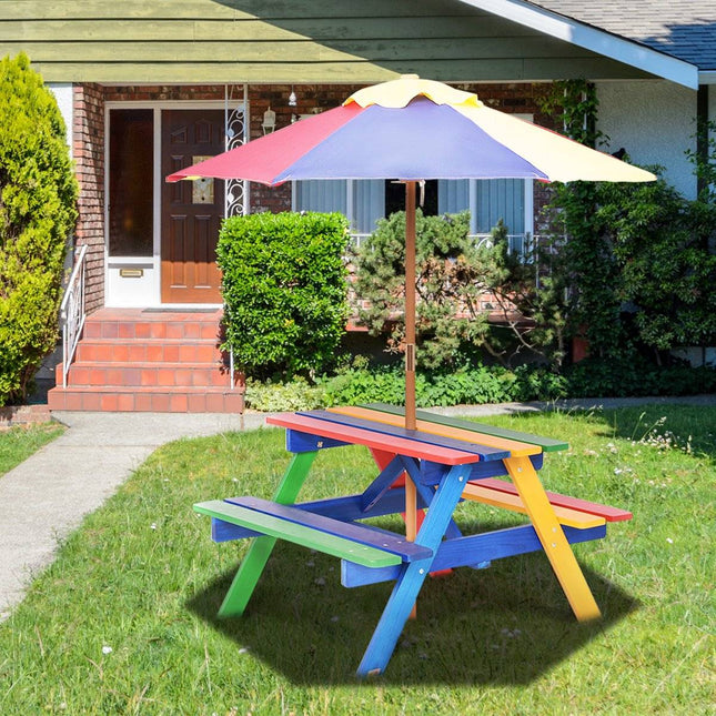 Children's wooden seating set, garden set, children's furniture, children's table with parasol and 2 benches for outdoor use