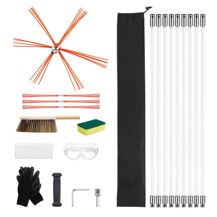Chimney Sweep Kit, 30 ft Flexible Rods, Brush, Goggles