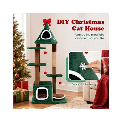 Christmas Cat Tree 54 Inch with 2 Condos and Jute Post, Removable Cushion, Green