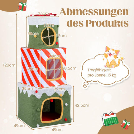 Ziemassvētku kaķu koks ar 3 mājīgām mājiņām, 120 cm iekštelpām