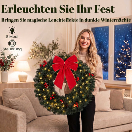 Christmas Wreath 60 cm with 50 Warm White LEDs and Bow, 8 Light Modes, 140 Tips