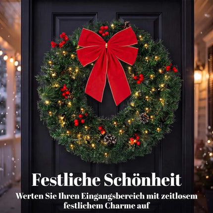Christmas Wreath 60 cm with 50 Warm White LEDs and Bow, 8 Light Modes, 140 Tips
