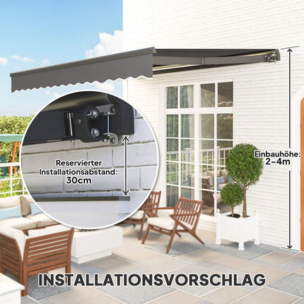 Skavas markīze ar rokas kloķi, saules gaisma, salokāma rokas markīze, aizsardzība pret sauli, UV 50+, balkona markīze ar sienas kronšteinu, saules markīze, 400 cm plata terasei, balkonam, verandai, pelēka