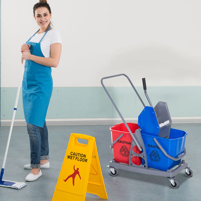 Cleaning trolley with double buckets & wheels, metal/PP