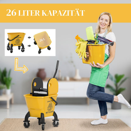 Tīrīšanas ratiņu tīrīšanas ratiņi 26 litru spainis ar presi, tīrīšanas ratiņi ar rokturi un mops ēku tīrīšanai dzeltenā krāsā