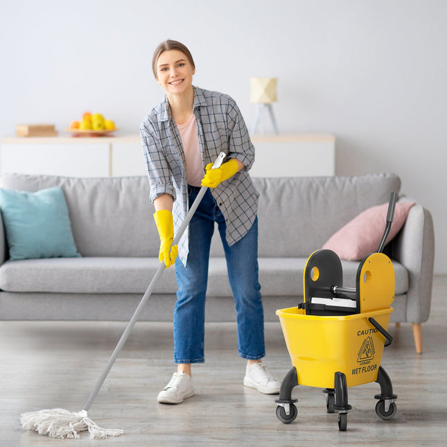 Tīrīšanas ratiņu tīrīšanas ratiņi 26 litru spainis ar presi, tīrīšanas ratiņi ar rokturi un mops ēku tīrīšanai dzeltenā krāsā