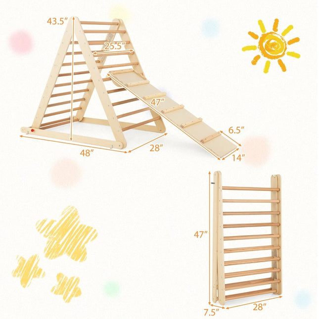 Climbing triangle with ladder. Foldable climbing frame, rung triangle for development in nature