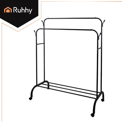 Clothes Rack on Wheels with Shelf & Hooks, Black