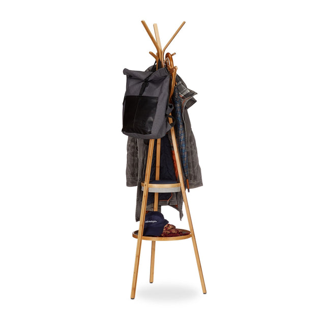 Clothes hanger in bamboo with shelves