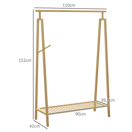 Bamboo clothes rack with hooks and shoe shelf, natural finish