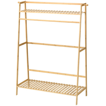 Bamboo clothes rack with shelves and hooks, natural wood