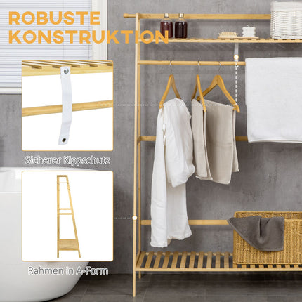 Bamboo clothes rack with shelves and hooks, natural wood
