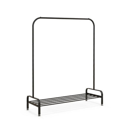 Drēbju pakaramais ar regulējamām kājām, drēbju stieņu un uzglabāšanas nodalījumu, 112 x 42 x 145 cm, melns
