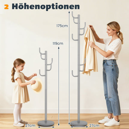 Mēteļu pakaramais, 175 cm, 8 āķi, regulējams augstums, sudrabs