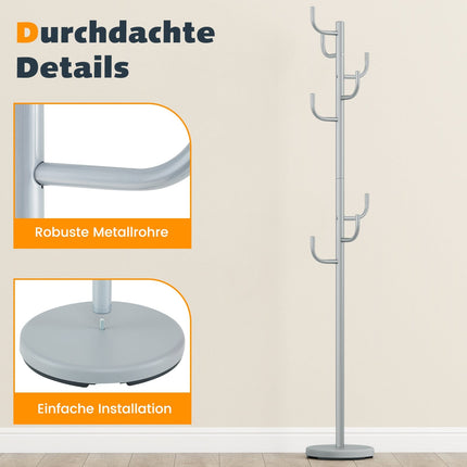 Mēteļu pakaramais, 175 cm, 8 āķi, regulējams augstums, sudrabs