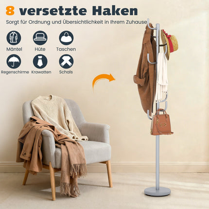 Mēteļu pakaramais, 175 cm, 8 āķi, regulējams augstums, sudrabs