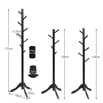 Mēteļu pakaramais ar 8 āķiem, koka drēbju pakaramais, regulējams augstums, 175 cm, melns