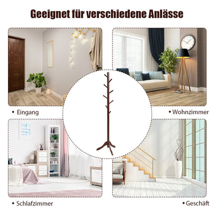 Mēteļu pakaramais ar 8 āķiem, koka drēbju pakaramais, regulējams augstums, 175 cm, brūns