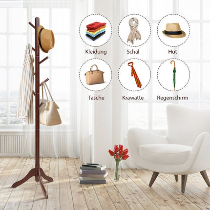 Mēteļu pakaramais ar 8 āķiem, koka drēbju pakaramais, regulējams augstums, 175 cm, brūns