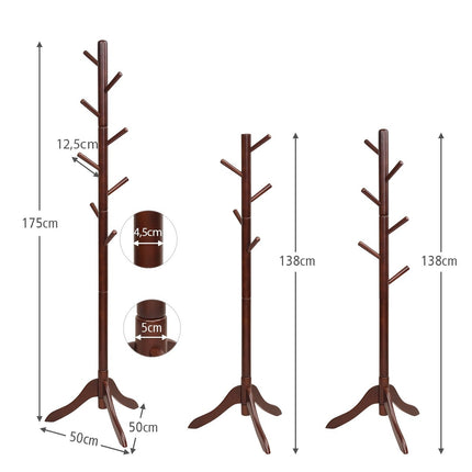 Mēteļu pakaramais ar 8 āķiem, koka drēbju pakaramais, regulējams augstums, 175 cm, brūns