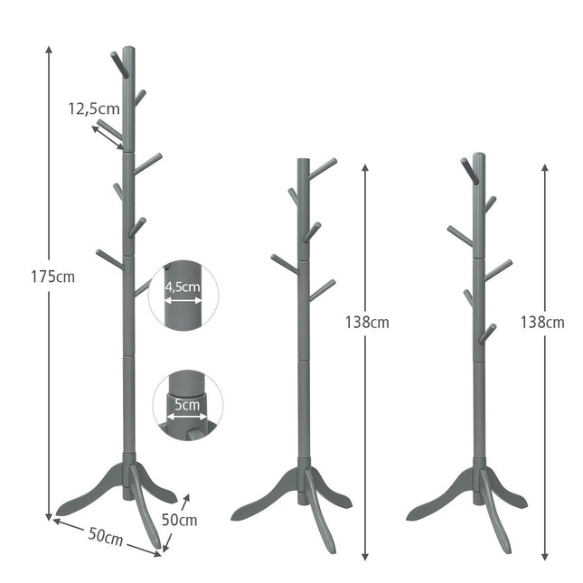 Mēteļu pakaramais ar 8 āķiem, koka drēbju pakaramais, regulējams augstums, 175 cm, pelēks