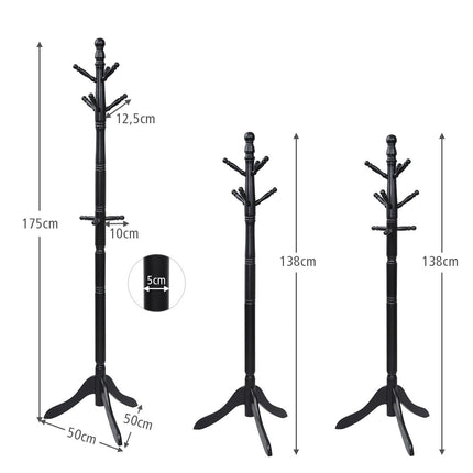 Mēteļu pakaramais ar 9 āķiem, brīvi stāvošs drēbju pakaramais ar regulējamu augstumu, 175 cm, melns