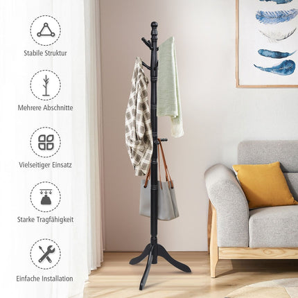 Mēteļu pakaramais ar 9 āķiem, brīvi stāvošs drēbju pakaramais ar regulējamu augstumu, 175 cm, melns