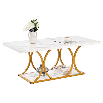 Coffee Table, Faux Marble Top, 2-Tier Rectangular, White