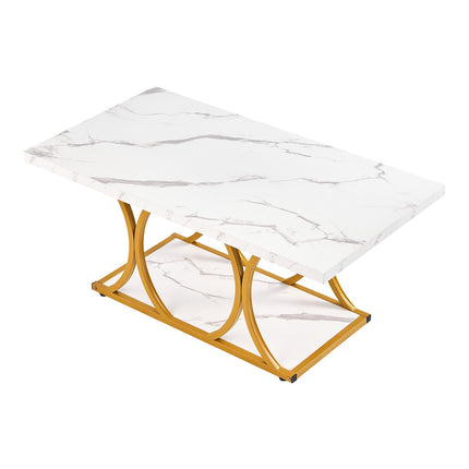 Coffee Table, Faux Marble Top, 2-Tier Rectangular, White