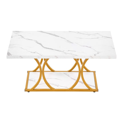 Coffee Table, Faux Marble Top, 2-Tier Rectangular, White