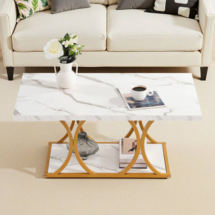 Coffee Table, Faux Marble Top, 2-Tier Rectangular, White