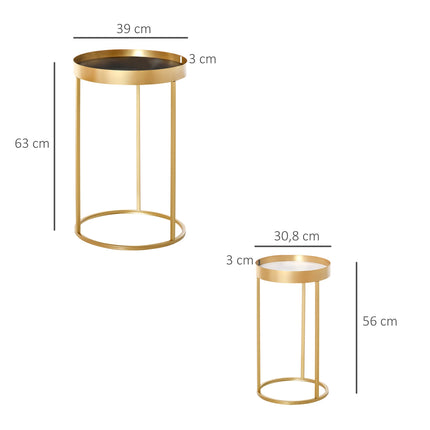 Kafijas galdiņu komplekts ar 2 sānu galdiņiem ar paceltām malām, apaļš, retro dizains, MDF metāls, zelta krāsā