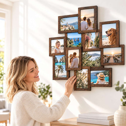 Collage Picture Frame for 12 Photos, 10 x 15 cm, Wall Mounted, Brown