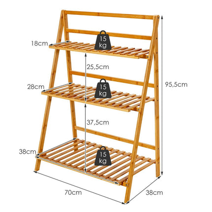 Saliekams augu statīvs, izgatavots no bambusa, 3 līmeņu kāpņu plaukts, 70 x 38 x 95,5 cm, dabīgā krāsā