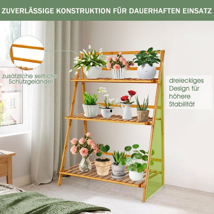 Saliekams augu statīvs, izgatavots no bambusa, 3 līmeņu kāpņu plaukts, 70 x 38 x 95,5 cm, dabīgā krāsā