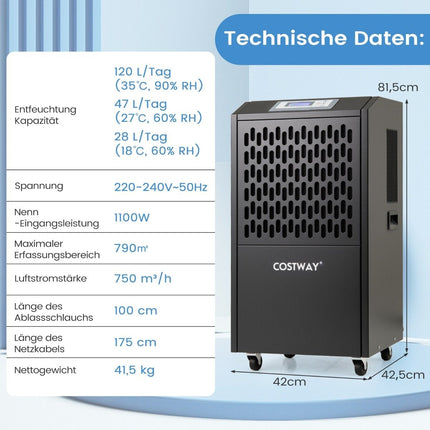 Komerciālais mitruma atdalītājs, 118 l/dienā, automātiskā drenāža, 4 riteņi