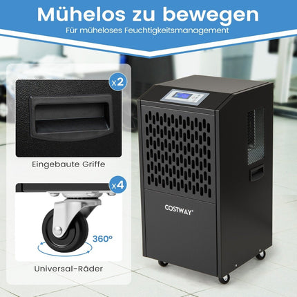Komerciālais mitruma atdalītājs, 118 l/dienā, automātiskā drenāža, 4 riteņi