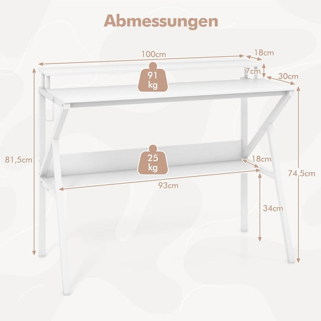 Kompakts rakstāmgalds ar monitora statīvu, plaukts, balts, 100x50 cm