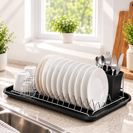 Compact Dish Drainer for 12 Plates with Drip Tray, Cutlery Holder, Black