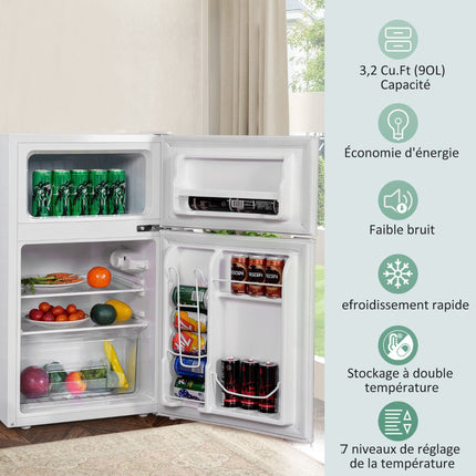 Kompakts mini ledusskapis 90 l, 2 durvju atsevišķa saldētava, balts