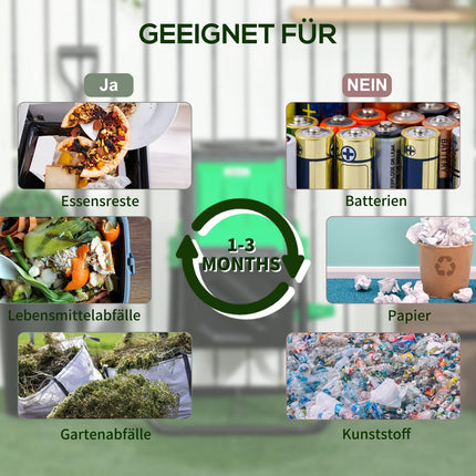 Komposters 65 litri, 60x49x77cm rotējošs ātrais kompostētājs no plastmasas, laikapstākļiem izturīgs termiskais kompostētājs ar ventilācijas sistēmu, vāku, dārza kompostētājs, komposta trauks dārzam, virtuvei, balkonam