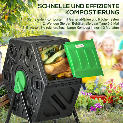 Komposters 65 litri, 60x49x77cm rotējošs ātrais kompostētājs no plastmasas, laikapstākļiem izturīgs termiskais kompostētājs ar ventilācijas sistēmu, vāku, dārza kompostētājs, komposta trauks dārzam, virtuvei, balkonam