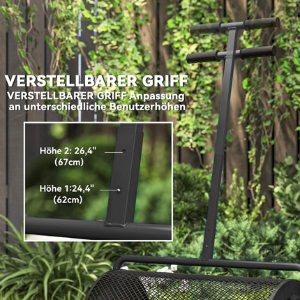 Komposta izkliedētājs 300L 61x40cm mēslojuma izkliedētājs zāliena dārzs dārza izkliedētājs ar T veida rokturi sieta grozu metāla sēklu izkliedētājs kūdras sūnu izkliedētājs zāliena izkliedētājs zāliena kopšana kompostam, kūtsmēsli