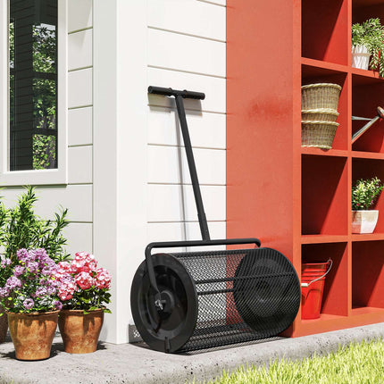 Komposta izkliedētājs 300L 61x40cm mēslojuma izkliedētājs zāliena dārzs dārza izkliedētājs ar T veida rokturi sieta grozu metāla sēklu izkliedētājs kūdras sūnu izkliedētājs zāliena izkliedētājs zāliena kopšana kompostam, kūtsmēsli