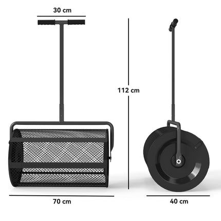 Komposta izkliedētājs 300L 61x40cm mēslojuma izkliedētājs zāliena dārzs dārza izkliedētājs ar T veida rokturi sieta grozu metāla sēklu izkliedētājs kūdras sūnu izkliedētājs zāliena izkliedētājs zāliena kopšana kompostam, kūtsmēsli