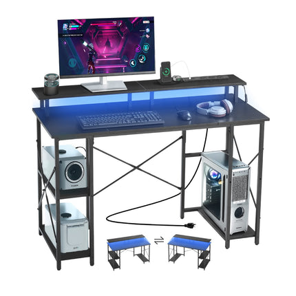 Computer Desk 120 cm – LED Lights, Power Outlets, Monitor Stand