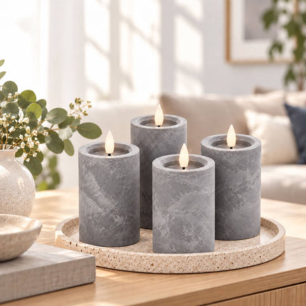 Concrete-Effect LED Candles with Flicker Light, Set of 4, Grey, Timer