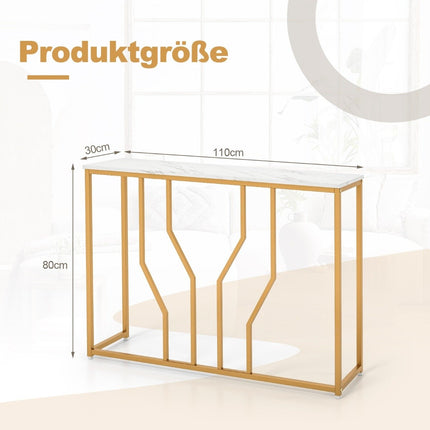Konsoles galdiņš ar ģeometrisku metāla rāmi, ieejas galdiņš, 110 x 30 x 80 cm, zelta + balts