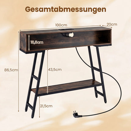 Konsoles galdiņš ar LED apgaismojumu un uzlādes staciju, 3 līmeņi, rustikāli brūns
